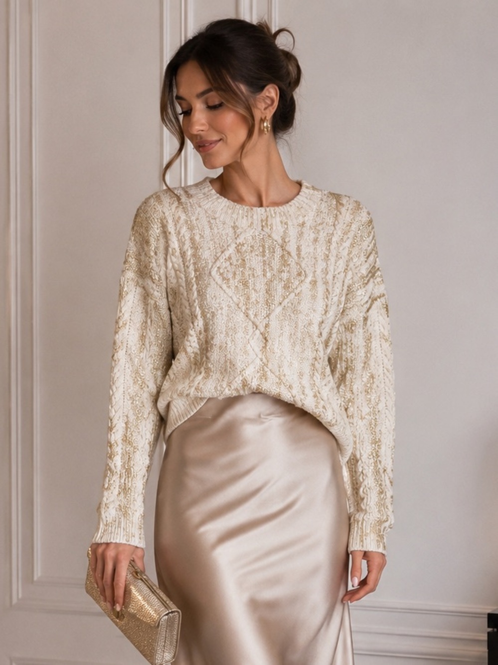Melanie Lyne NWT Ivory Gold Metallic Cable Knit Sweater Size M